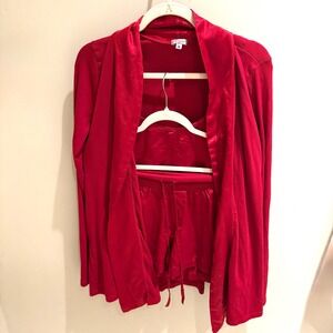 PJ Harlow‎ 3 Piece Pajama Set Red Satin Camisole Shorts Ribbed Cardigan M